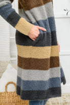 Fuzzy Longline Cardigan In Blue & Cocoa (Online Exclusive) - Uptown Boutique Ramona