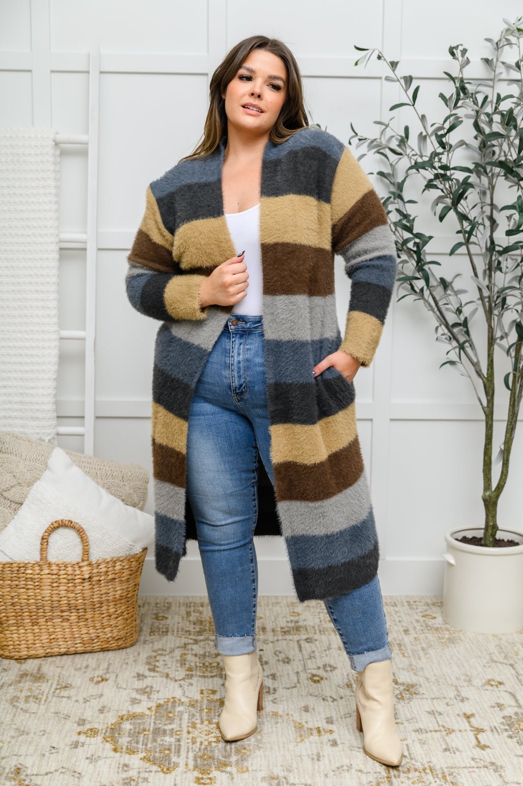 Fuzzy Longline Cardigan In Blue & Cocoa (Online Exclusive) - Uptown Boutique Ramona