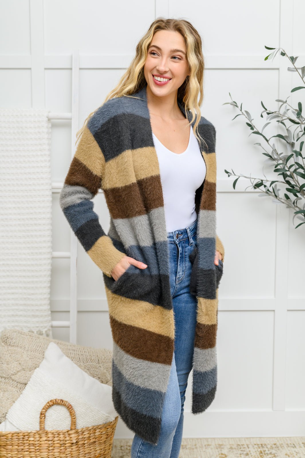 Fuzzy Longline Cardigan In Blue & Cocoa (Online Exclusive) - Uptown Boutique Ramona
