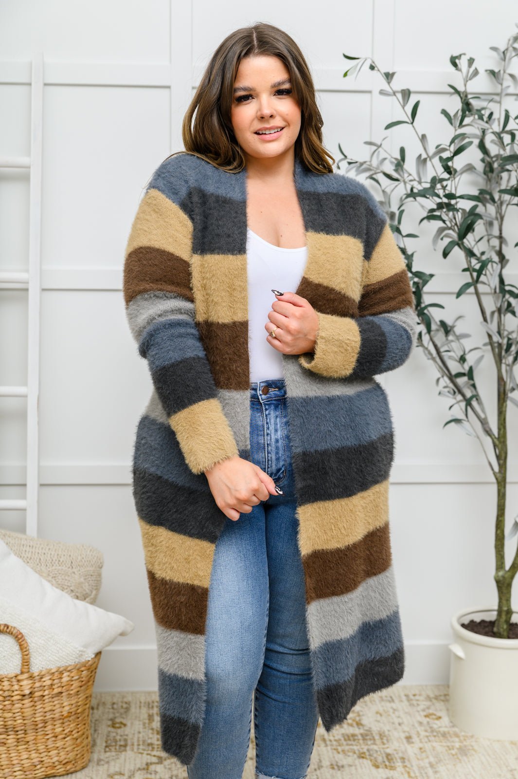 Fuzzy Longline Cardigan In Blue & Cocoa (Online Exclusive) - Uptown Boutique Ramona
