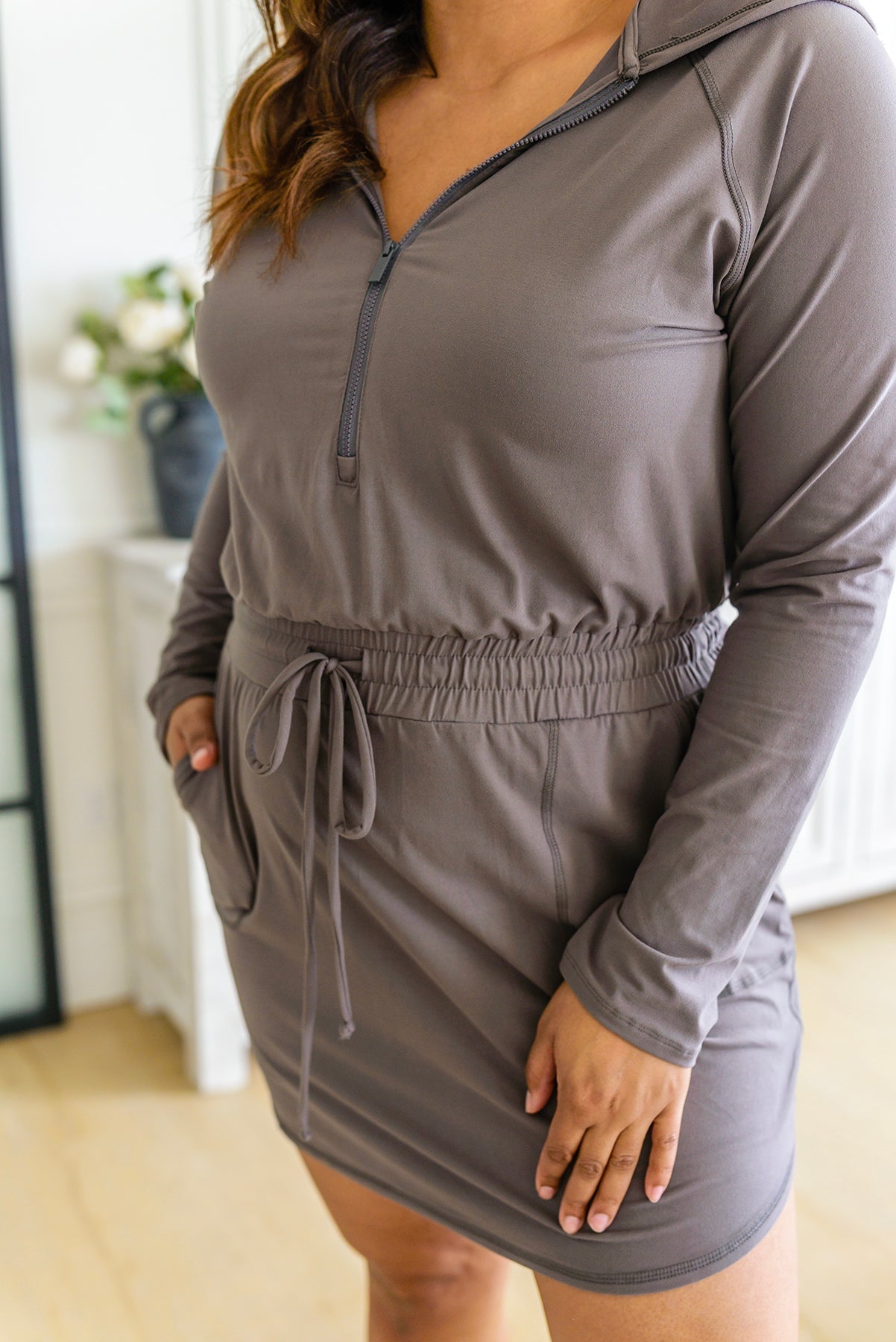 Getting Out Long Sleeve Hoodie Romper in Smoky Grey (Online Exclusive) - Uptown Boutique Ramona