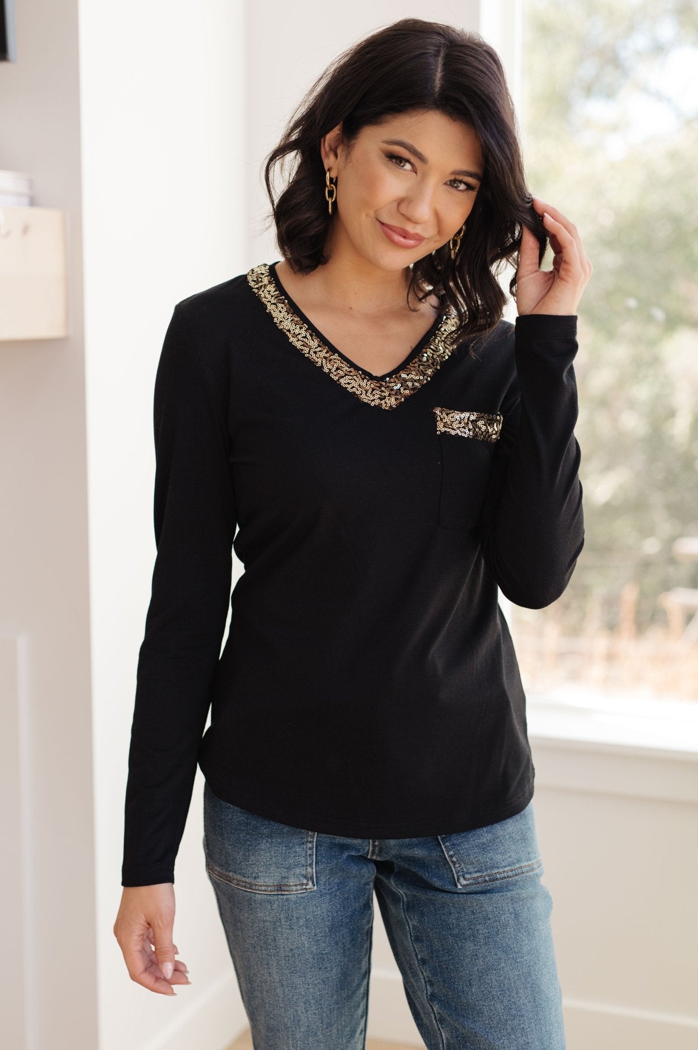 Glitter Lining Long Sleeve V - Neck Top (Online Exclusive) - Uptown Boutique Ramona