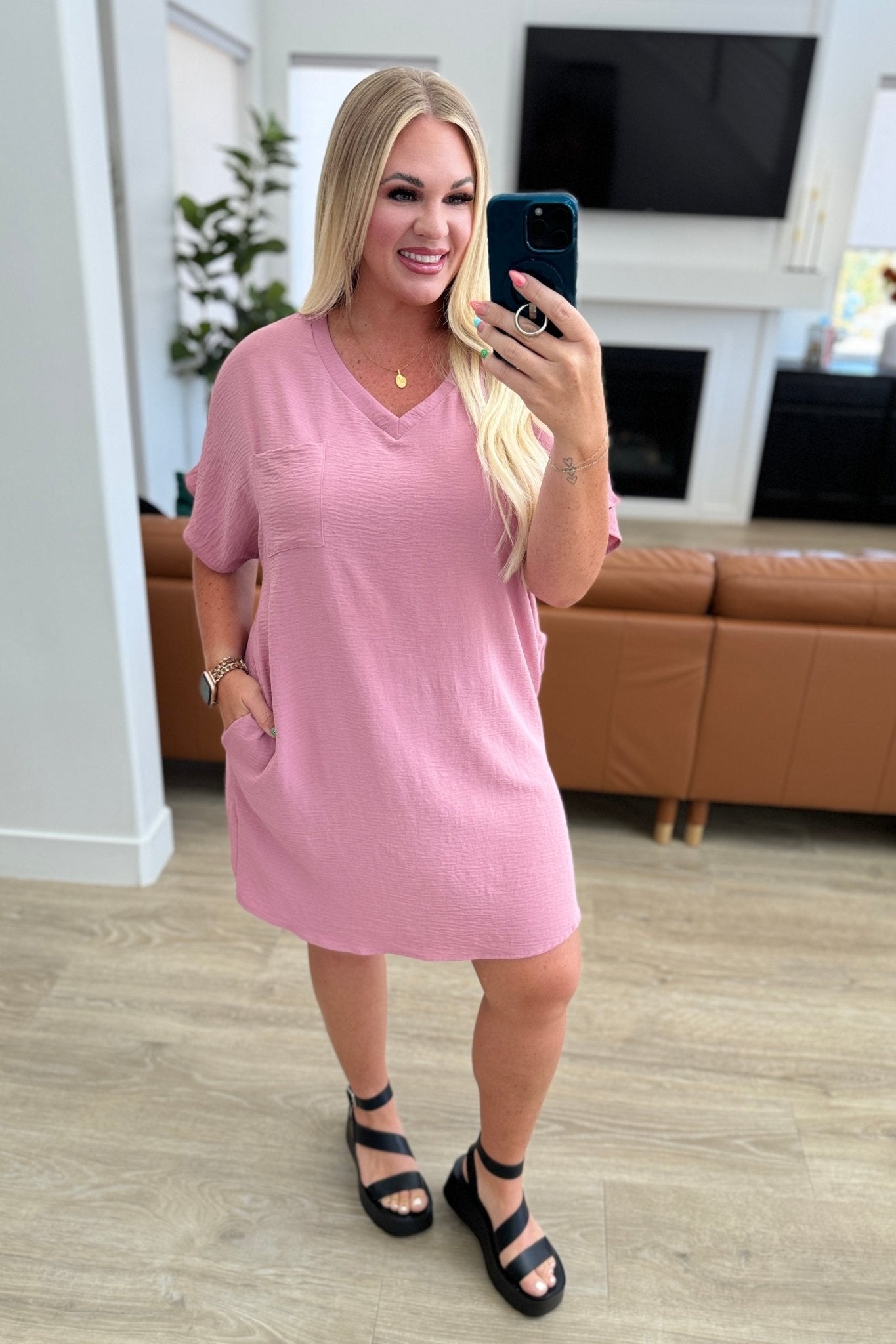 Go - Go Girl V - Neck T - Shirt Dress in Light Rose (Online Exclusive) - Uptown Boutique Ramona