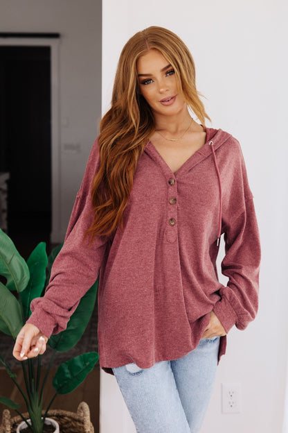 Happier Now Henley Hoodie in Burgundy (Online Exclusive) - Uptown Boutique Ramona