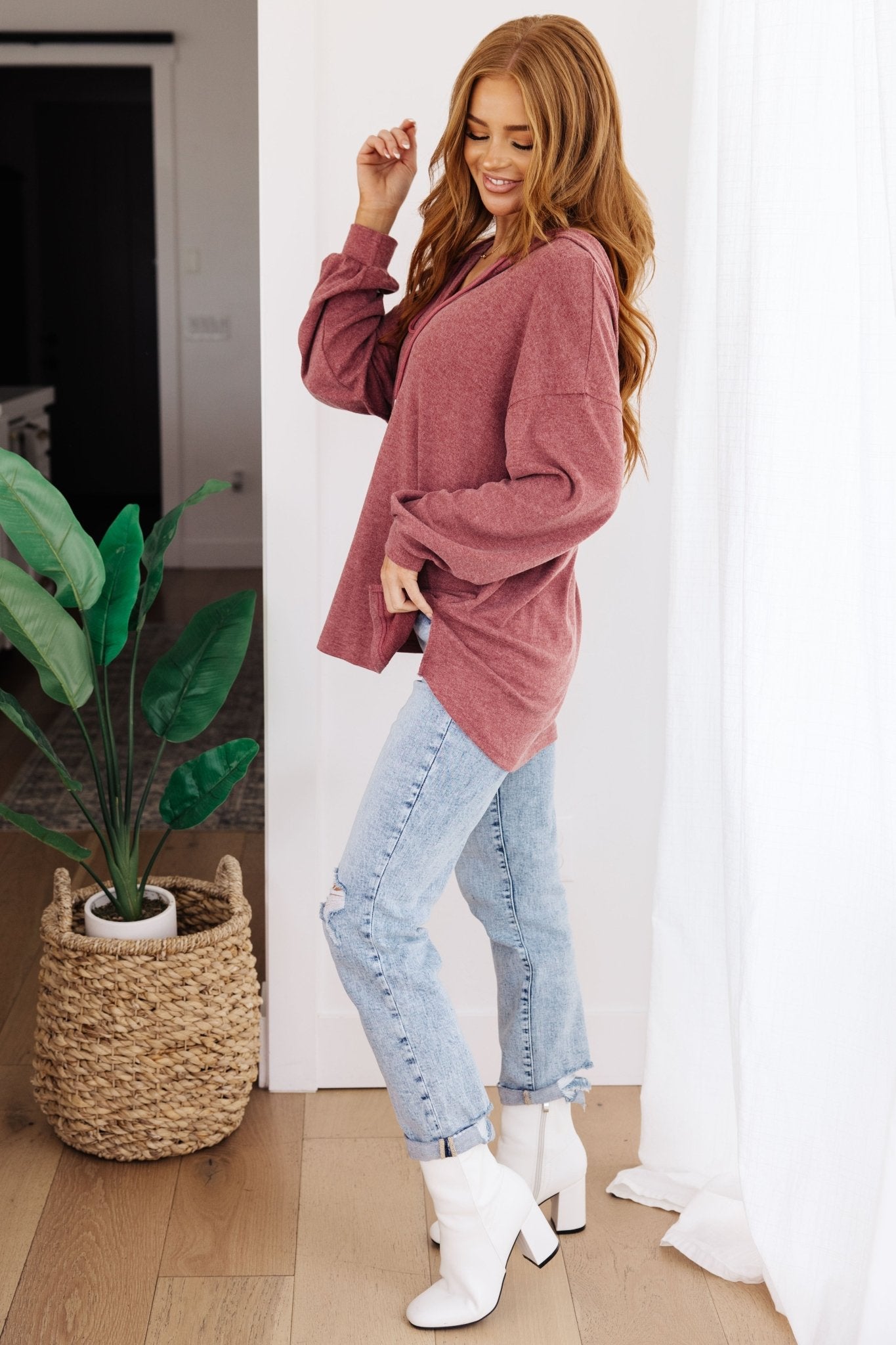 Happier Now Henley Hoodie in Burgundy (Online Exclusive) - Uptown Boutique Ramona