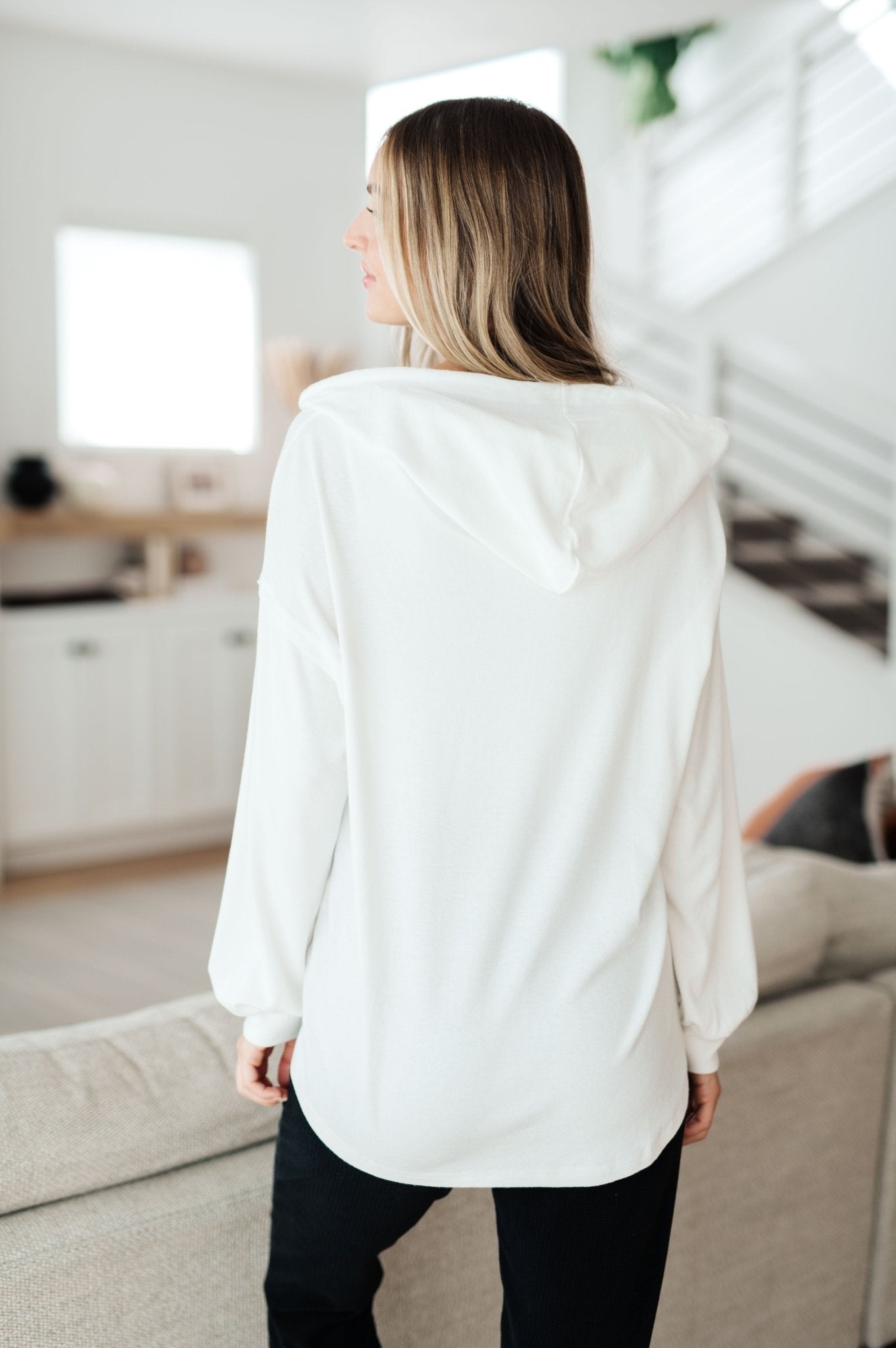 Happier Now Henley Hoodie in Ivory (Online Exclusive) - Uptown Boutique Ramona