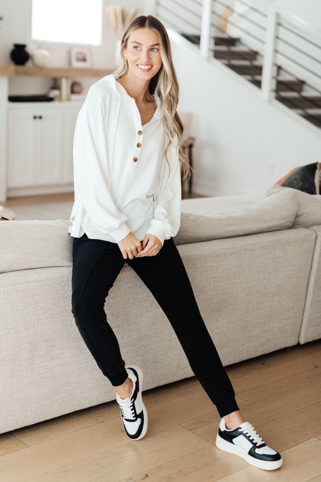 Happier Now Henley Hoodie in Ivory (Online Exclusive) - Uptown Boutique Ramona