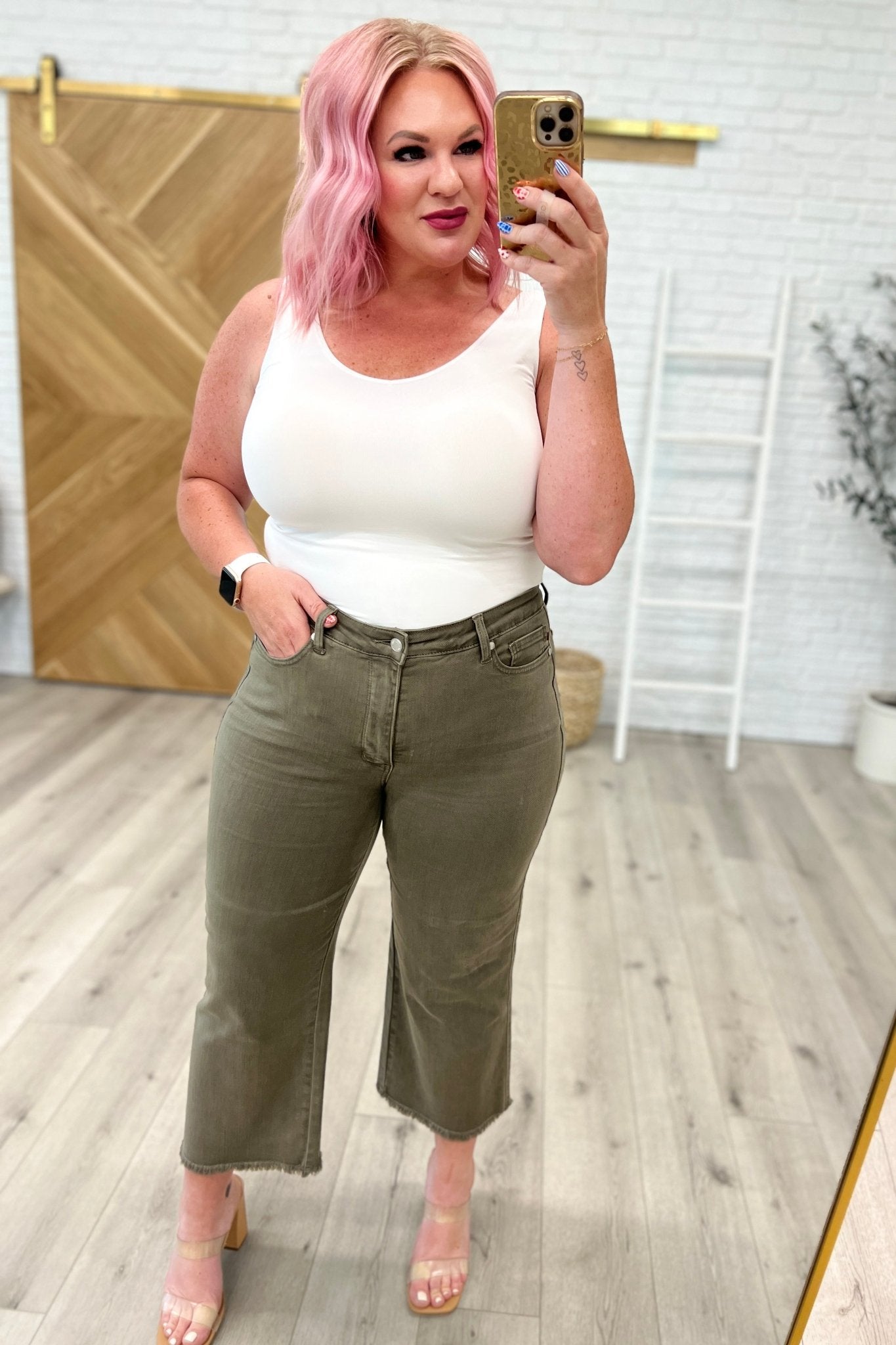 Harvey High Rise Control Top Wide Leg Crop Jeans in Olive (Online Exclusive) - Uptown Boutique Ramona