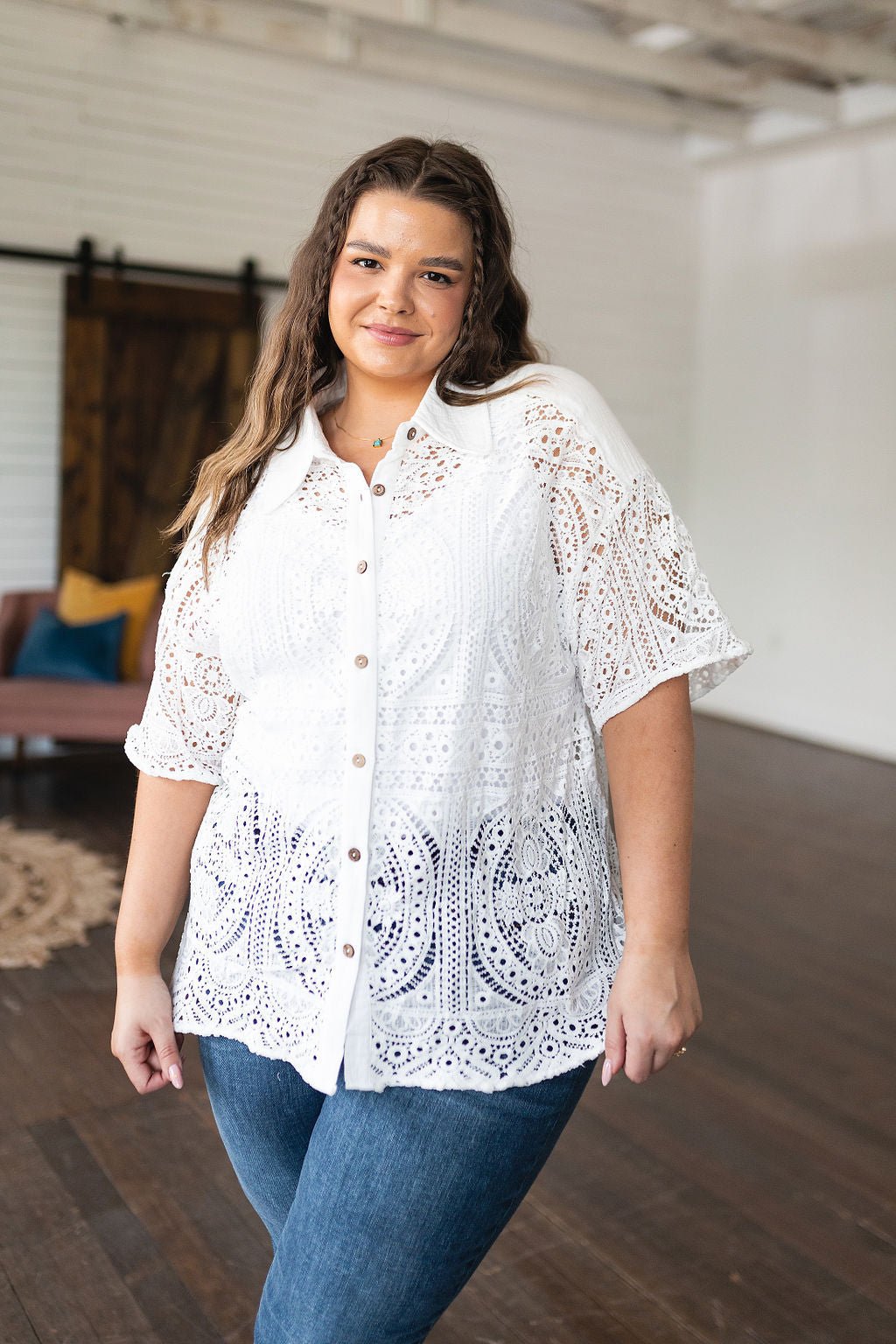 Head in the Clouds Lace Button Down - Uptown Boutique Ramona