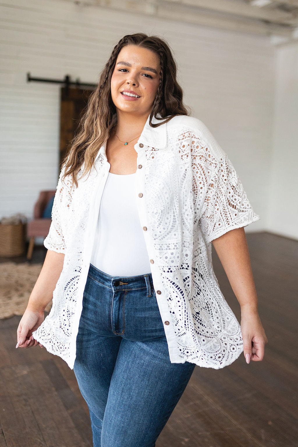 Head in the Clouds Lace Button Down - Uptown Boutique Ramona