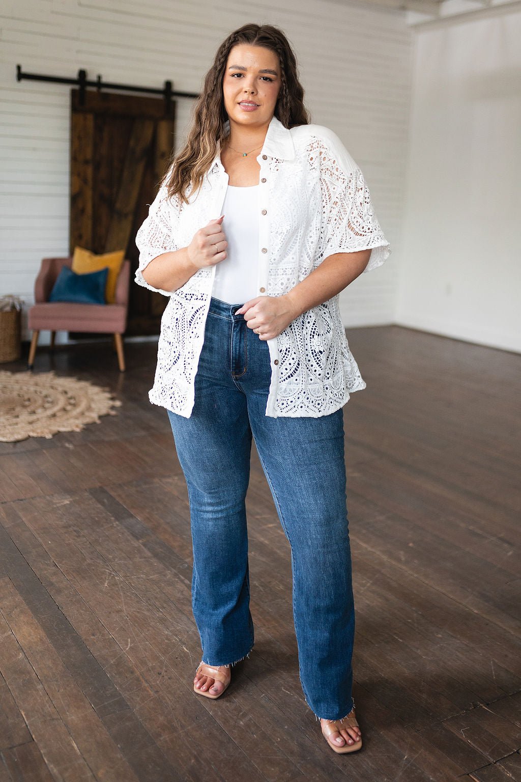 Head in the Clouds Lace Button Down - Uptown Boutique Ramona