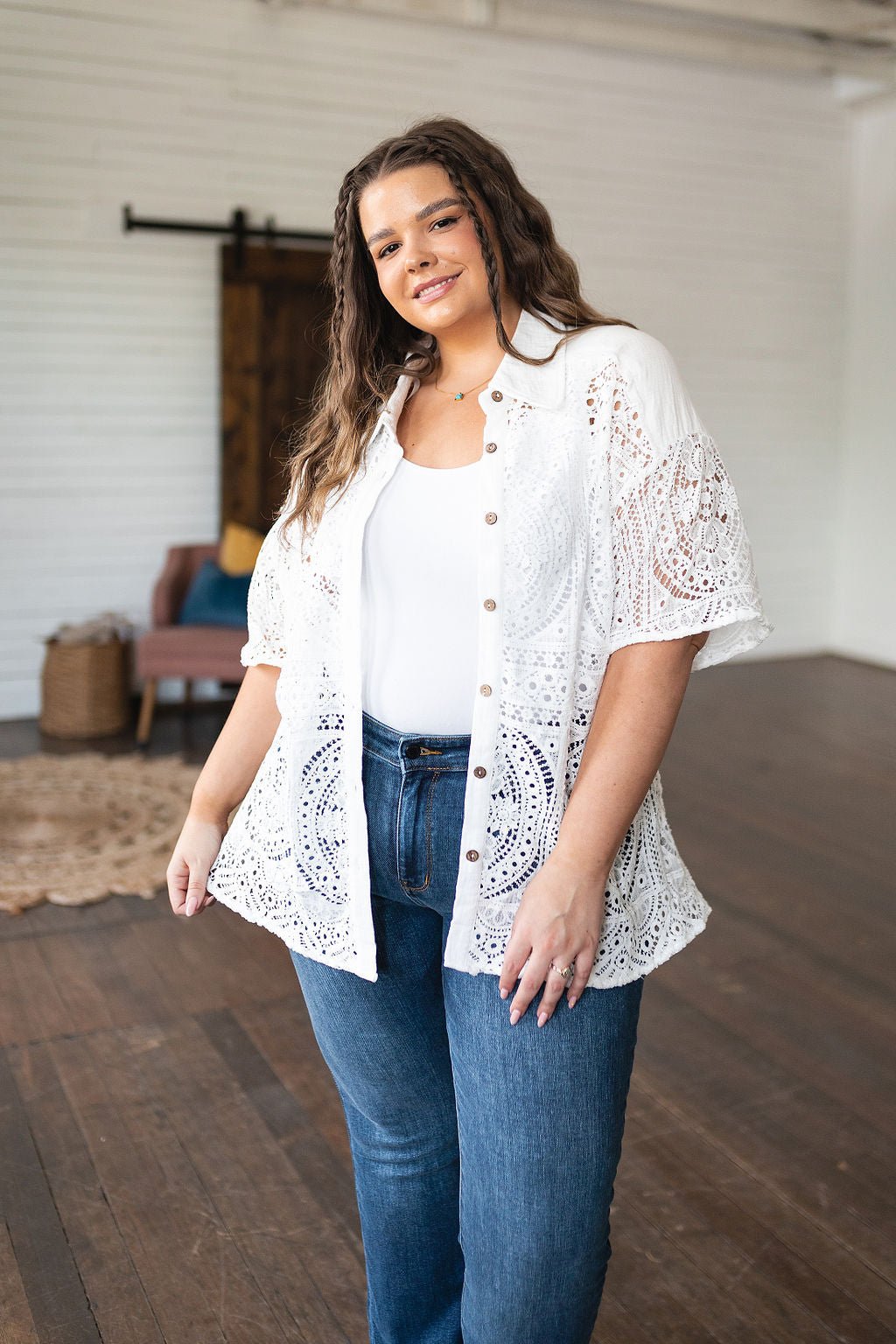 Head in the Clouds Lace Button Down - Uptown Boutique Ramona