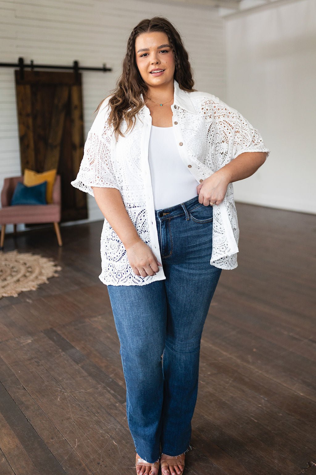 Head in the Clouds Lace Button Down - Uptown Boutique Ramona