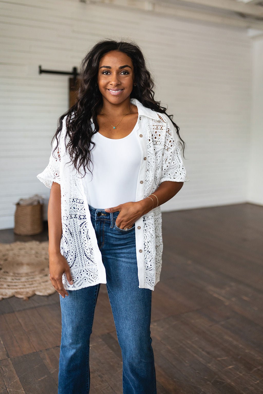 Head in the Clouds Lace Button Down - Uptown Boutique Ramona