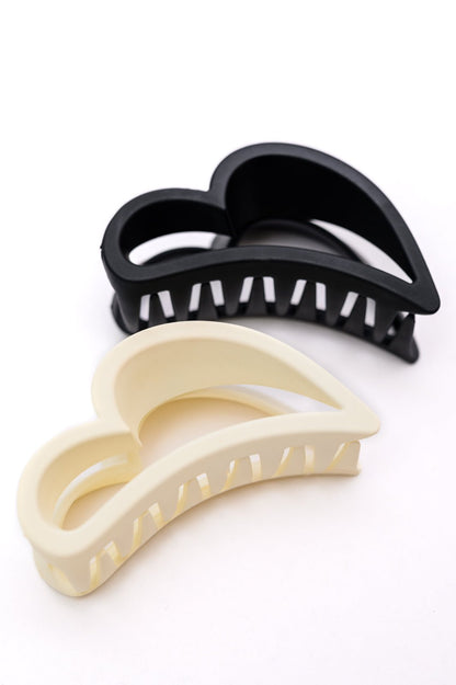 Heart Claw Clip Set In Black and Cream (Online Exclusive) - Uptown Boutique Ramona