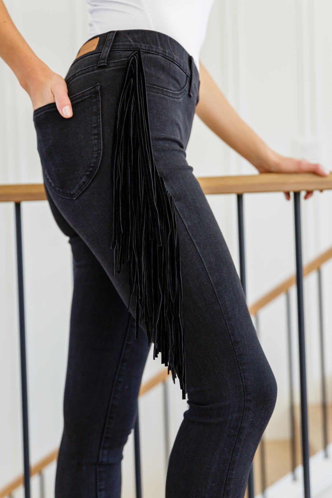 Hilary Side Fringe Skinny Jegging In Black (Online Exclusive) - Uptown Boutique Ramona