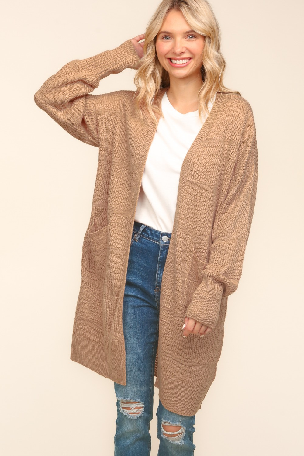 Stripe Textured Open Cardigan with Pockets in Taupe (Online Exclusive)