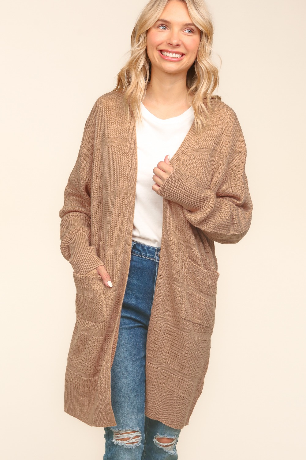 Stripe Textured Open Cardigan with Pockets in Taupe (Online Exclusive)