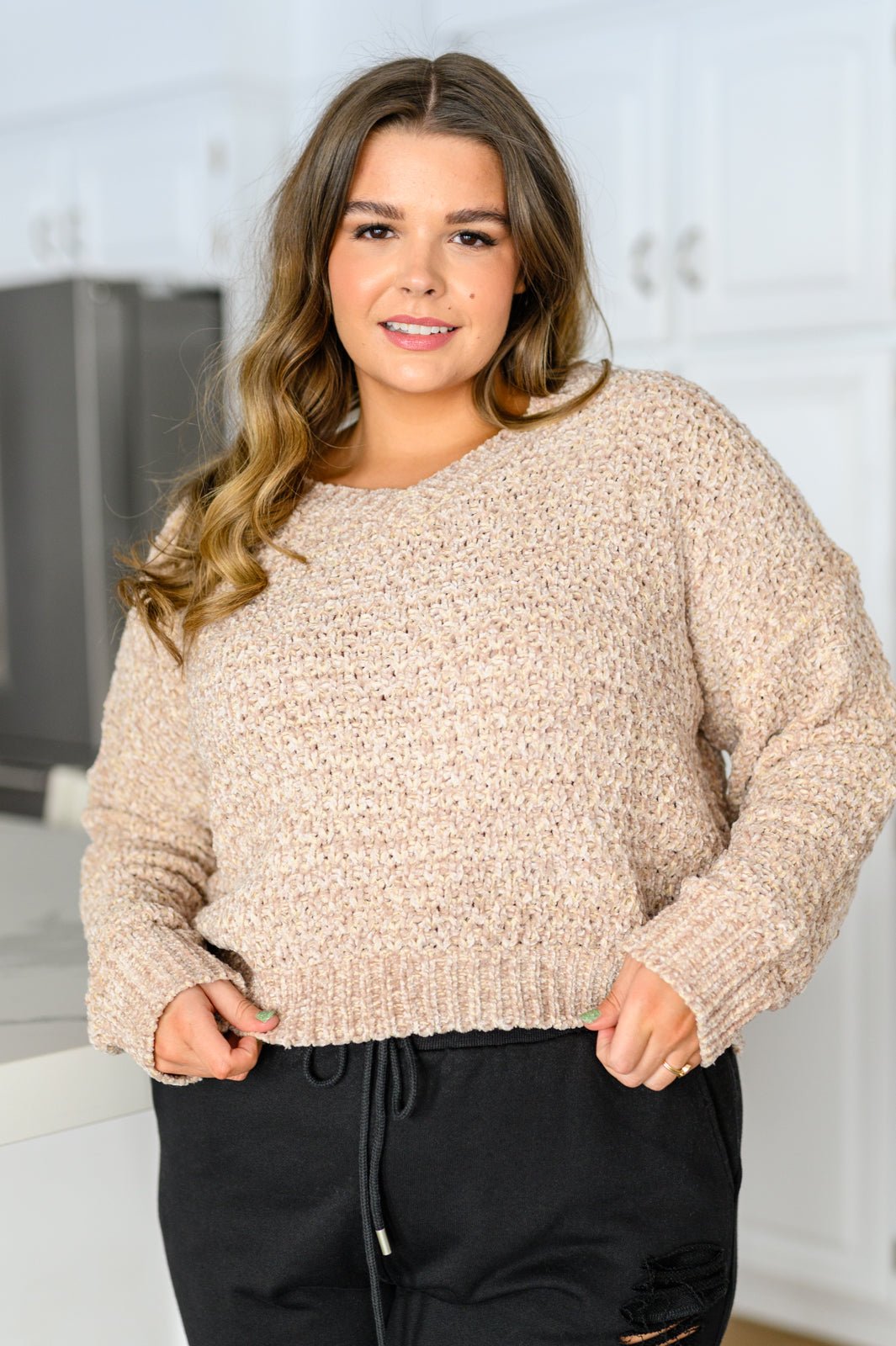 Irish Coffee Knitted Crop V Neck Sweater (Online Exclusive) - Uptown Boutique Ramona