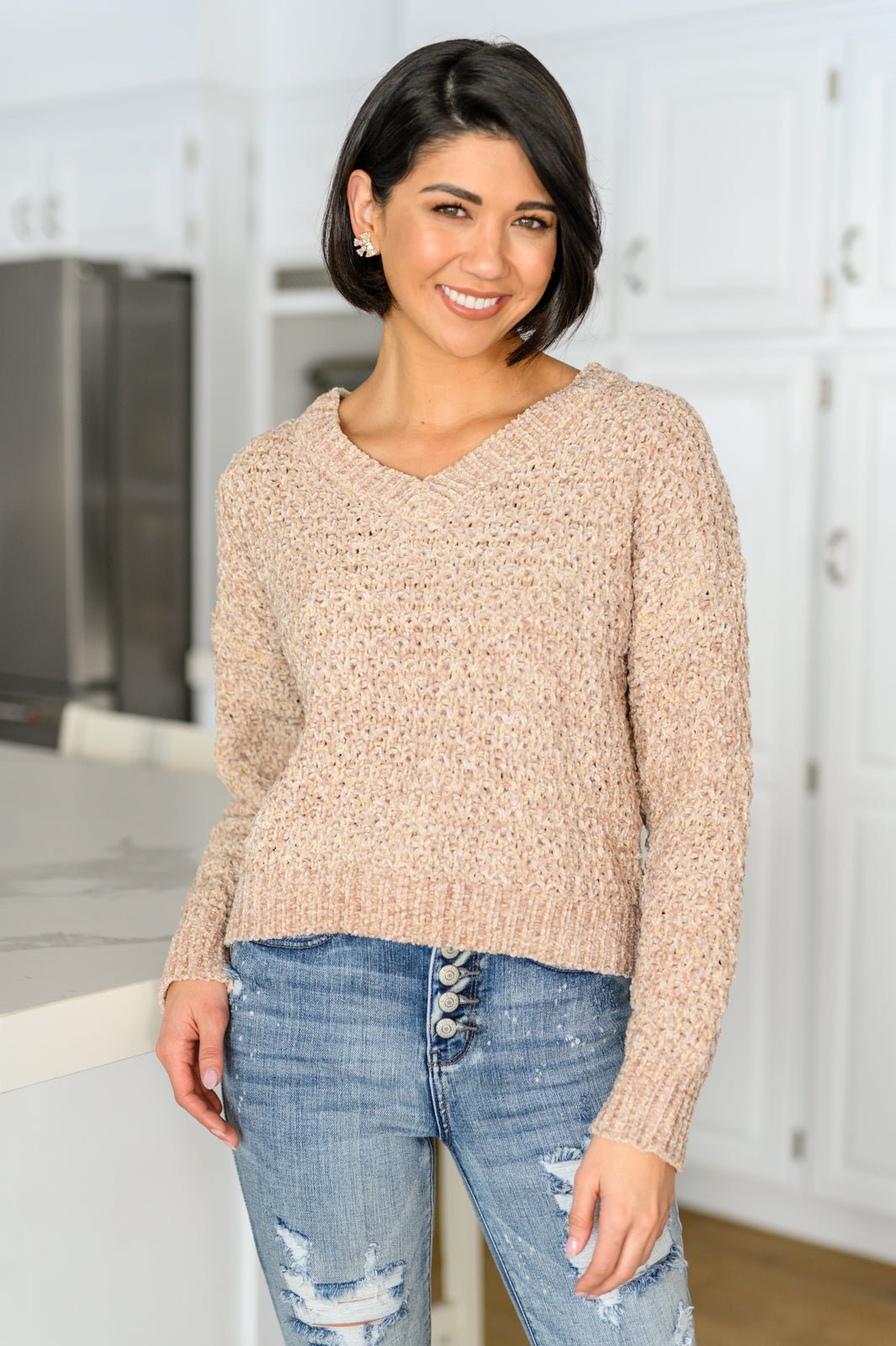 Irish Coffee Knitted Crop V Neck Sweater (Online Exclusive) - Uptown Boutique Ramona
