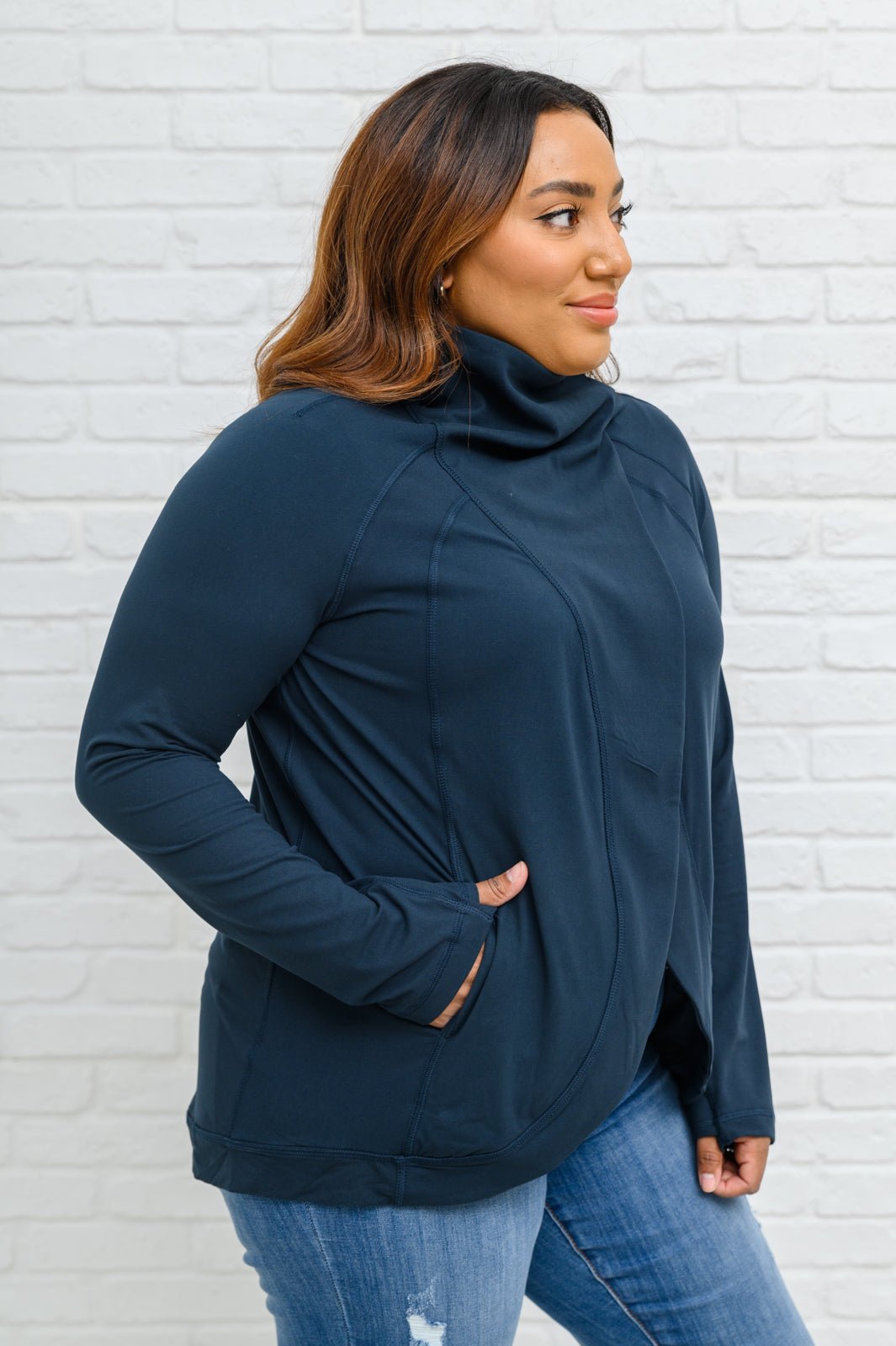 Janie Asymmetric Cowl Neck Jacket In Navy (Online Exclusive) - Uptown Boutique Ramona