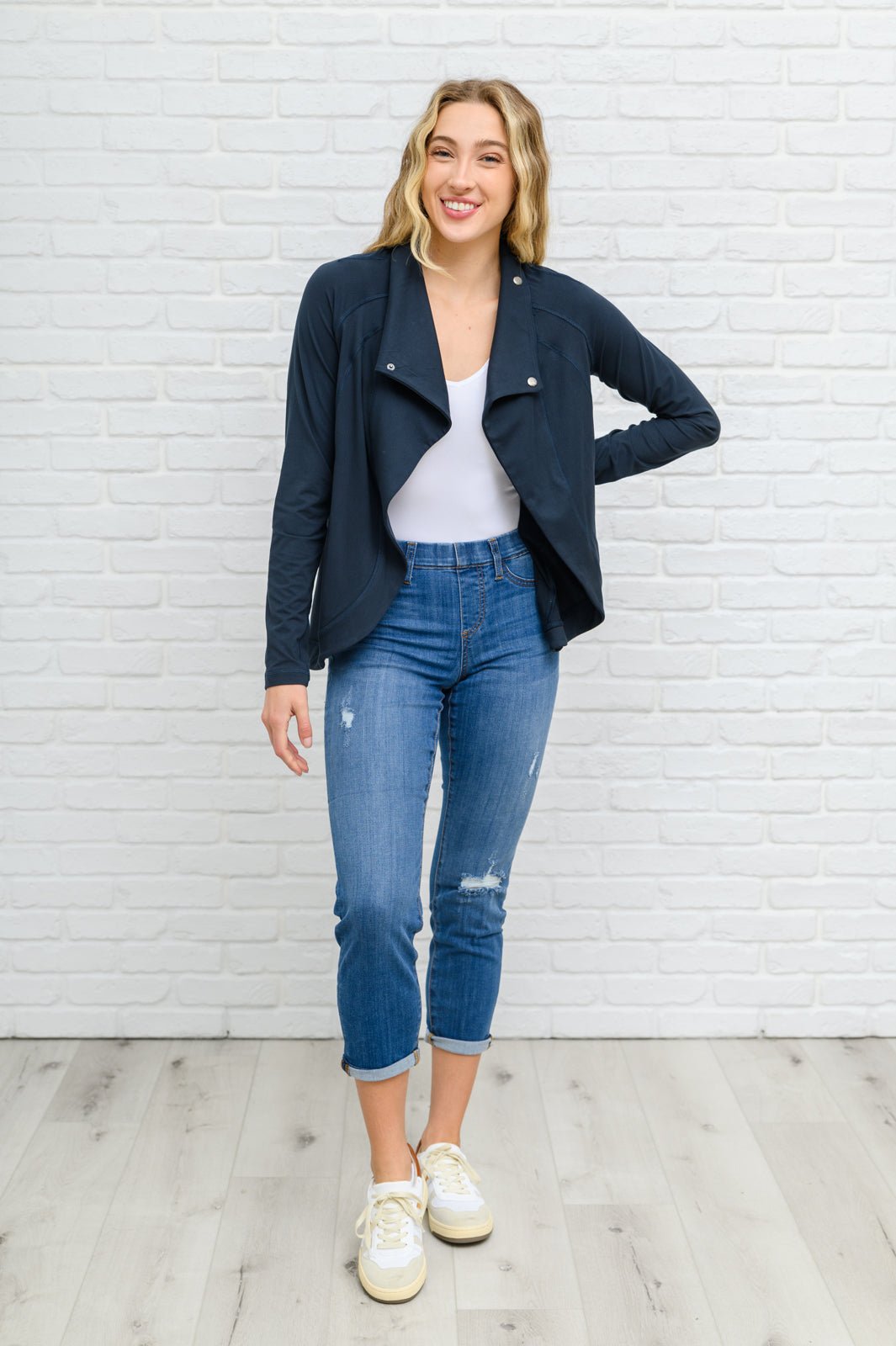 Janie Asymmetric Cowl Neck Jacket In Navy (Online Exclusive) - Uptown Boutique Ramona