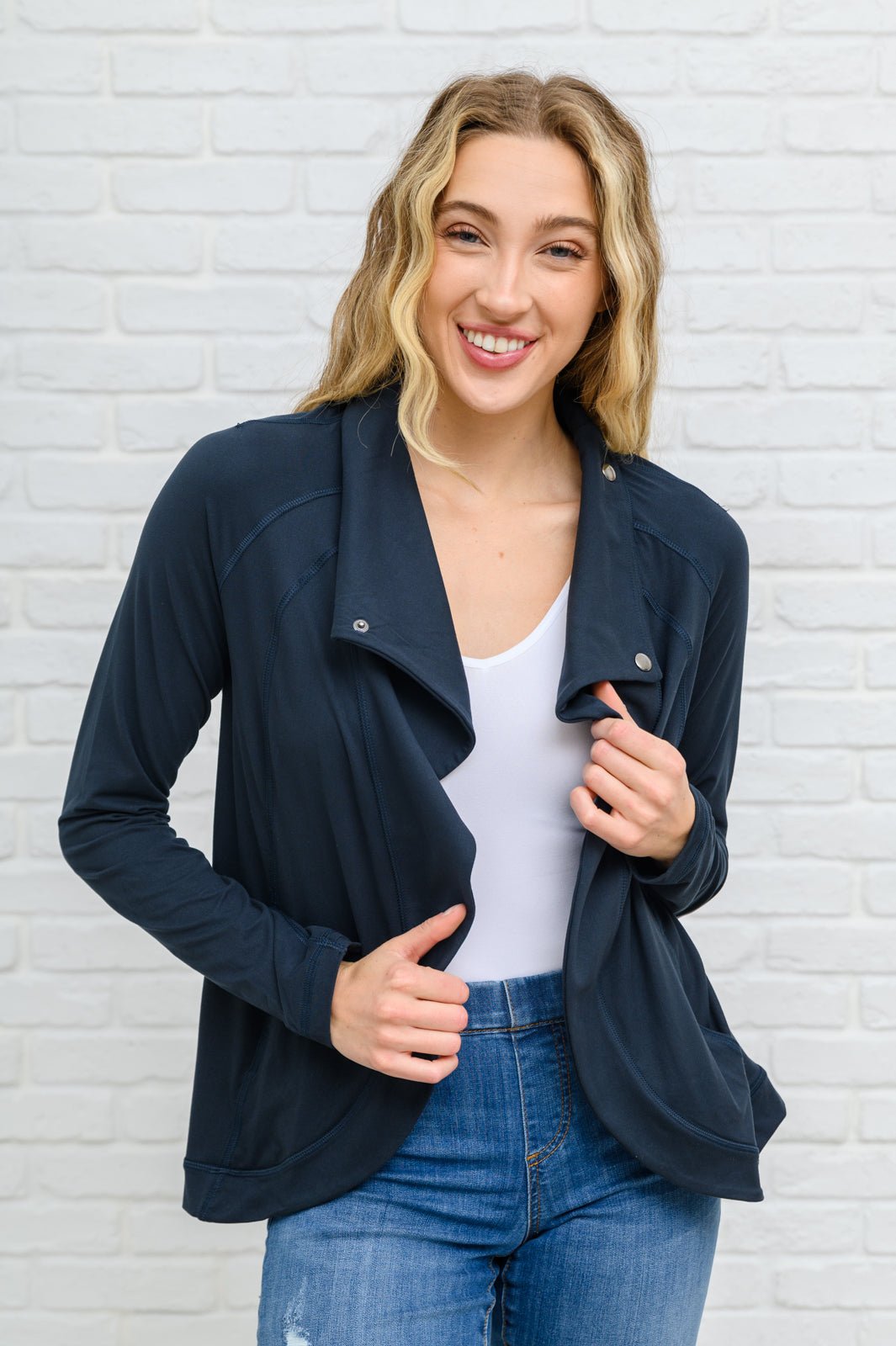 Janie Asymmetric Cowl Neck Jacket In Navy (Online Exclusive) - Uptown Boutique Ramona