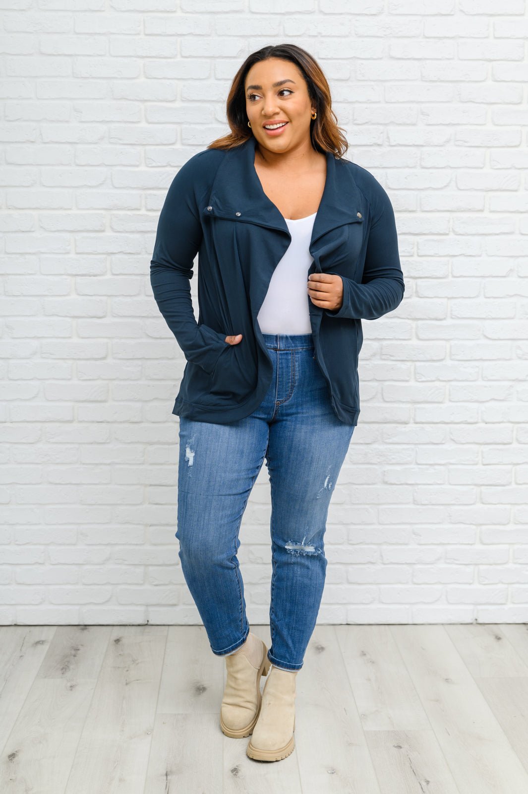 Janie Asymmetric Cowl Neck Jacket In Navy (Online Exclusive) - Uptown Boutique Ramona