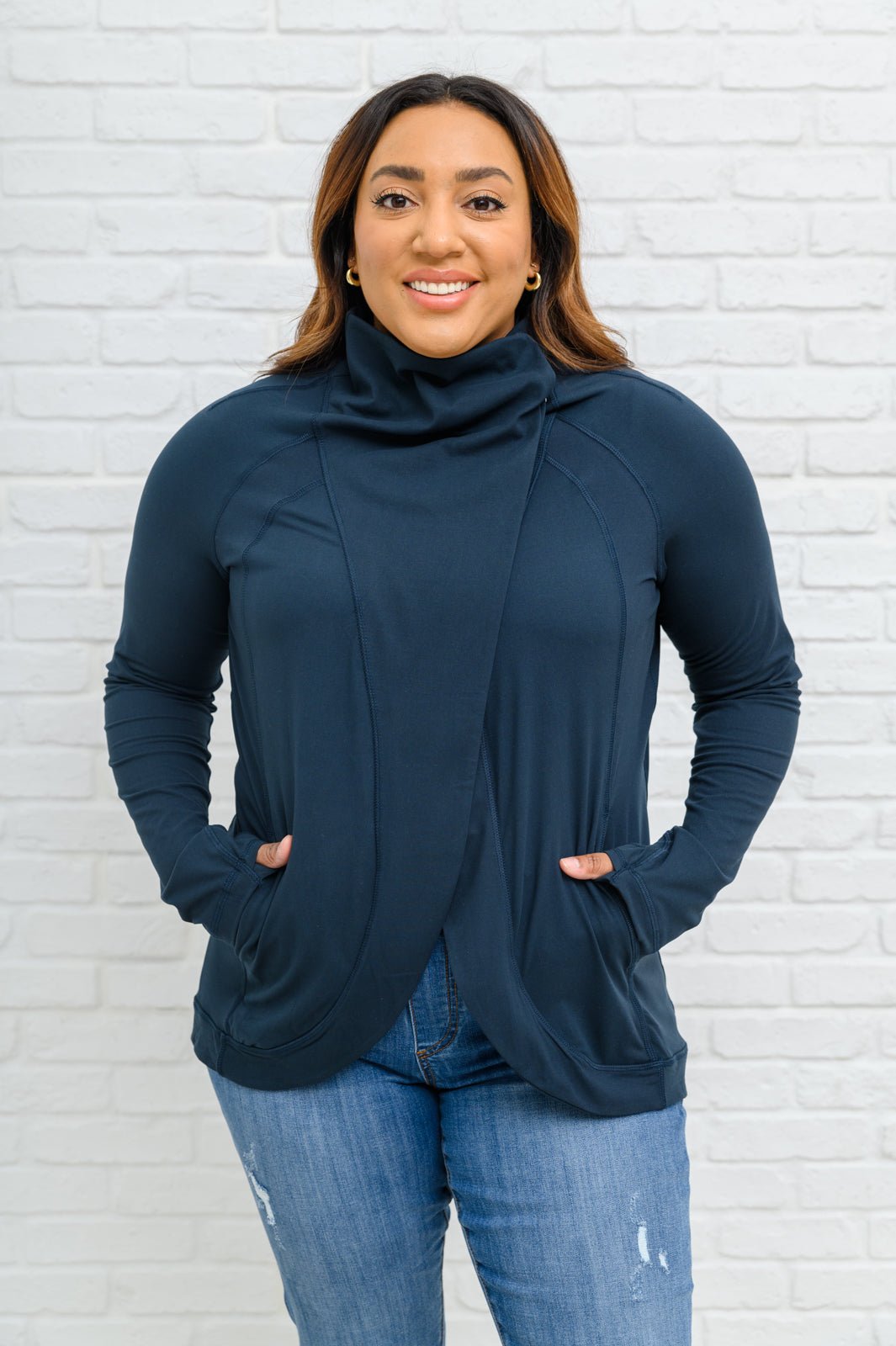 Janie Asymmetric Cowl Neck Jacket In Navy (Online Exclusive) - Uptown Boutique Ramona