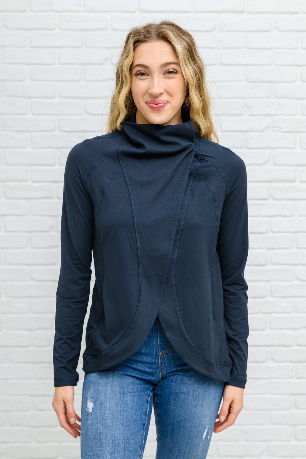 Janie Asymmetric Cowl Neck Jacket In Navy (Online Exclusive) - Uptown Boutique Ramona