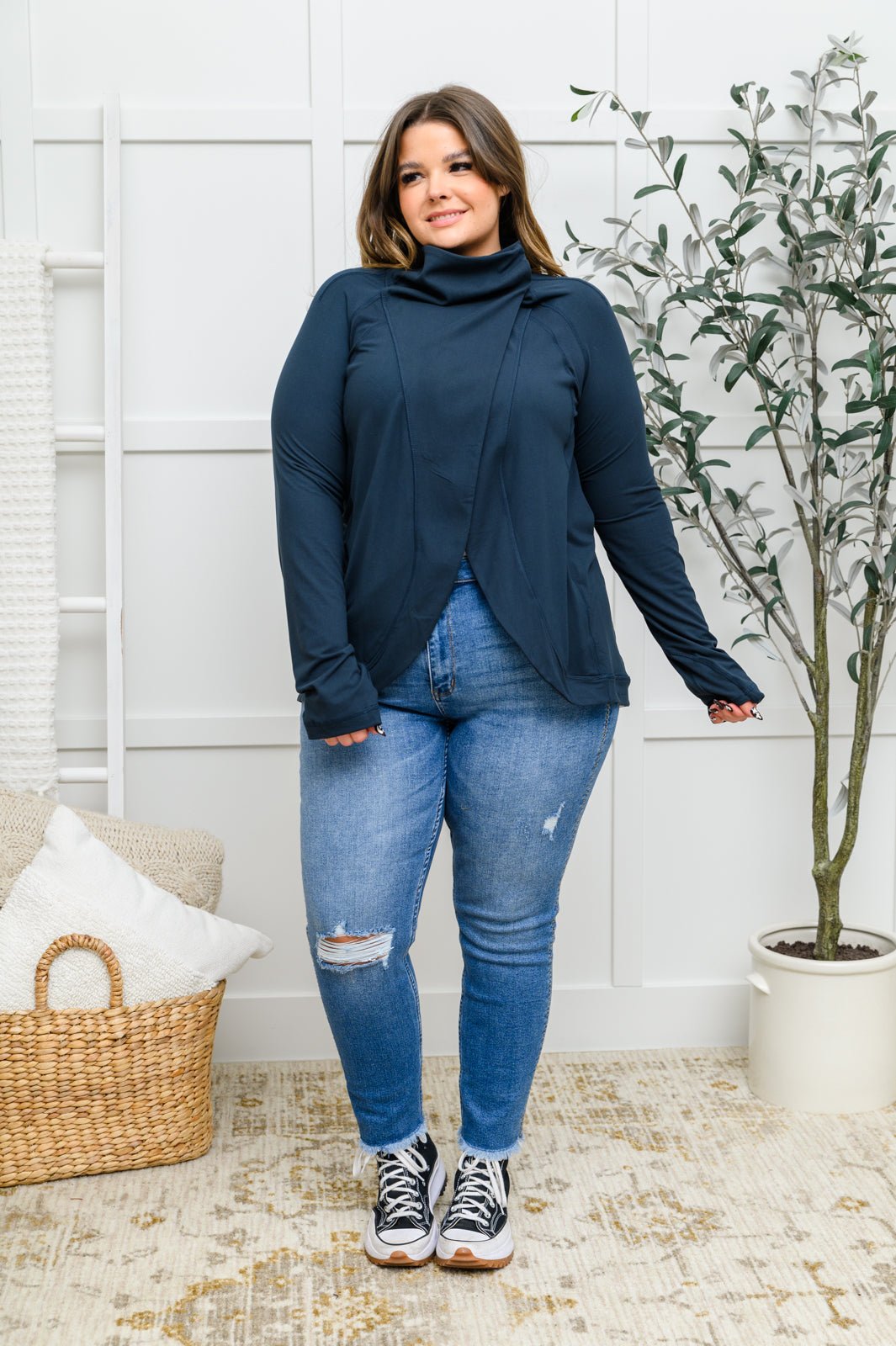 Janie Asymmetric Cowl Neck Jacket In Navy (Online Exclusive) - Uptown Boutique Ramona