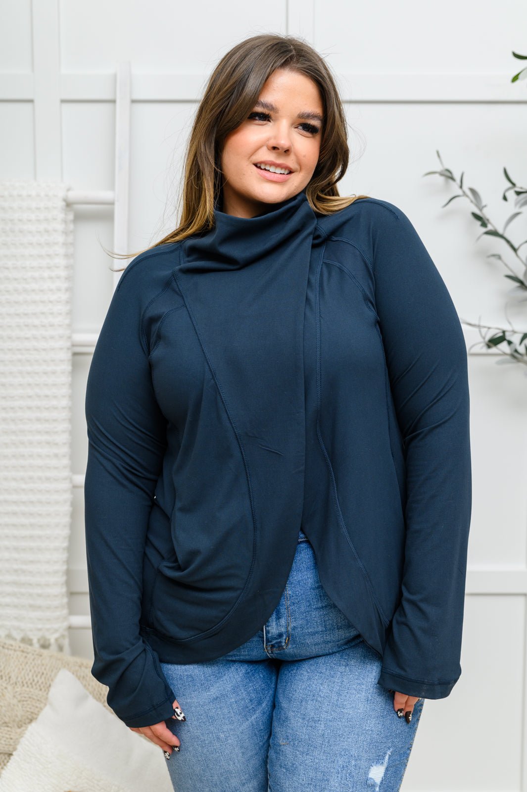 Janie Asymmetric Cowl Neck Jacket In Navy (Online Exclusive) - Uptown Boutique Ramona