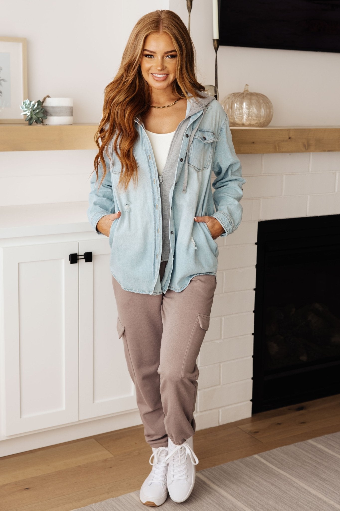 Jordan Hooded Denim Shacket in Light Wash (Online Exclusive) - Uptown Boutique Ramona