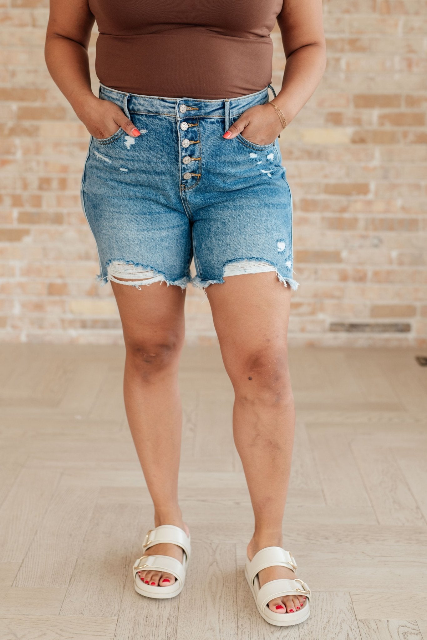 Kara High Rise Rigid Magic Button Fly Cutoff Shorts (Online Exclusive) - Uptown Boutique Ramona