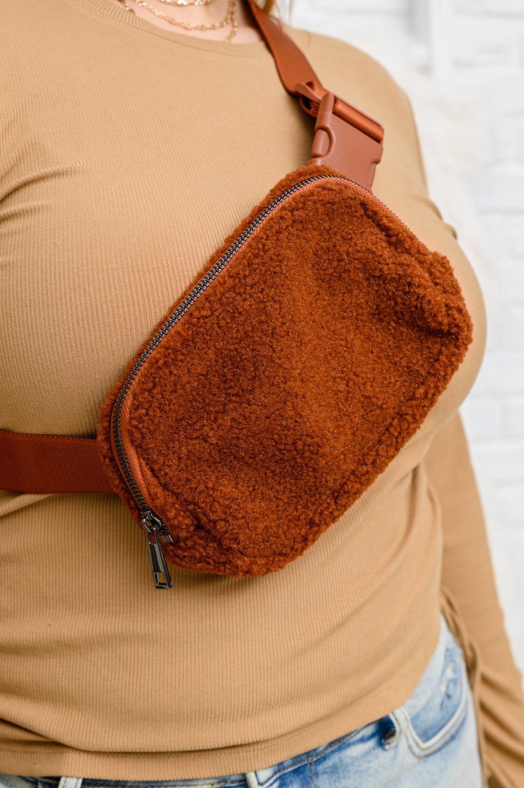 Keeping Up Sherpa Side Bag in Cognac Brown (Online Exclusive) - Uptown Boutique Ramona