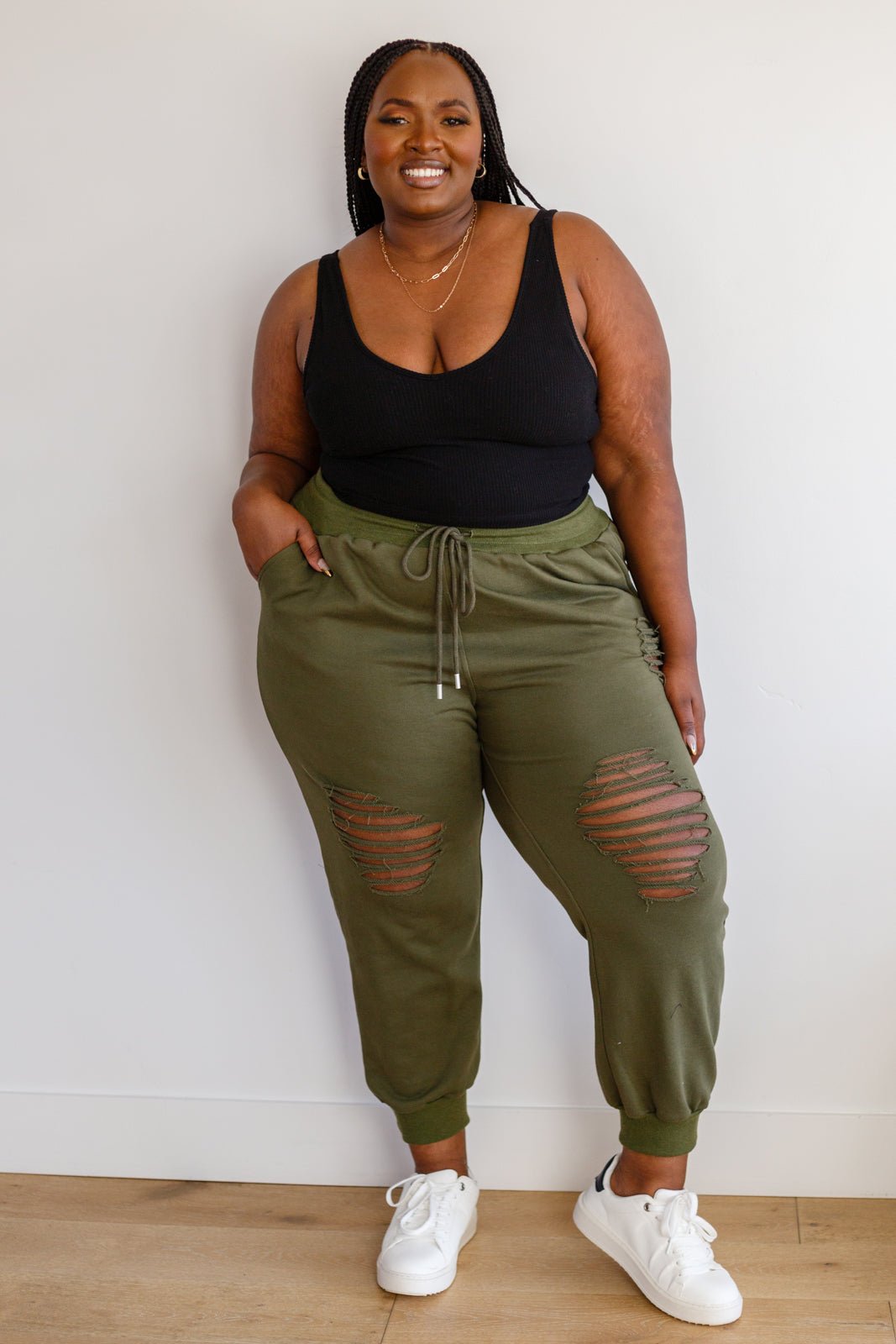 Kick Back Distressed Joggers in Olive (Online Exclusive) - Uptown Boutique Ramona