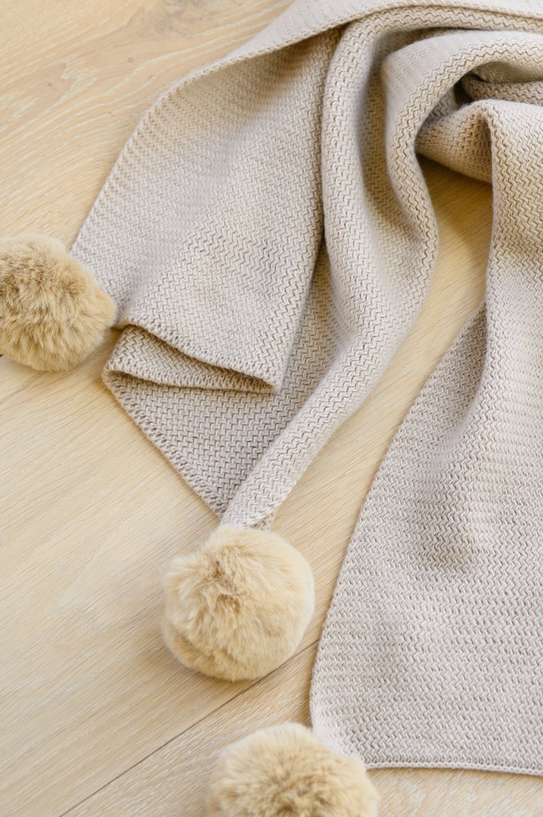 Knitted Fuzzy Pom Pom Scarf In Beige (Online Exclusive) - Uptown Boutique Ramona