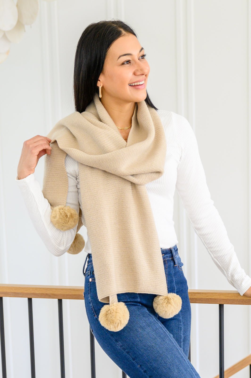 Knitted Fuzzy Pom Pom Scarf In Beige (Online Exclusive) - Uptown Boutique Ramona