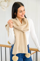 Knitted Fuzzy Pom Pom Scarf In Beige (Online Exclusive) - Uptown Boutique Ramona