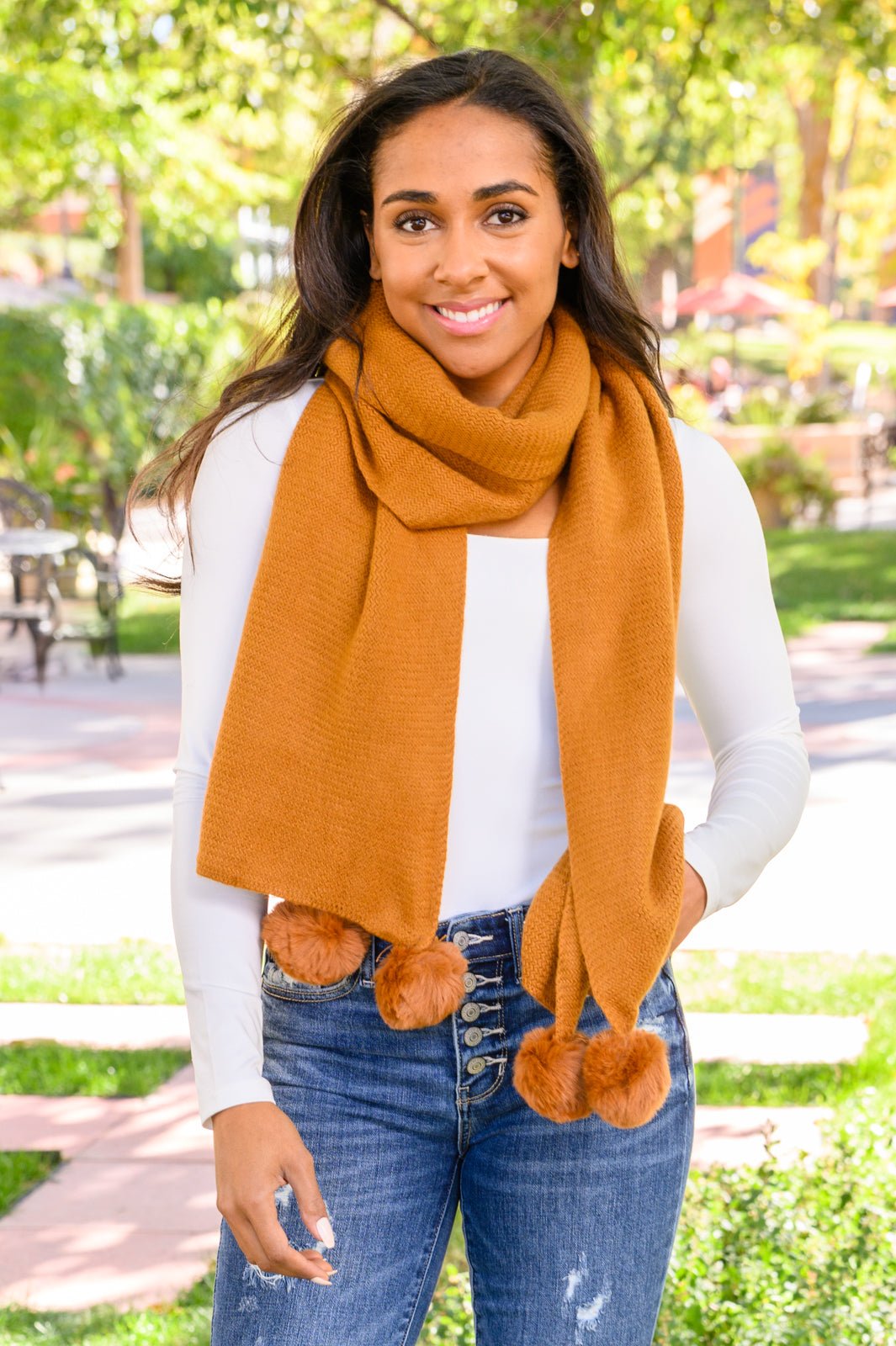 Knitted Fuzzy Pom Pom Scarf In Ginger (Online Exclusive) - Uptown Boutique Ramona