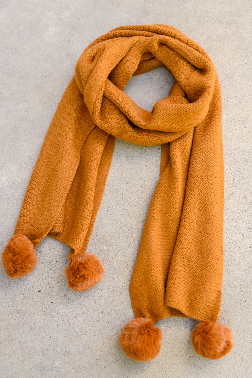 Knitted Fuzzy Pom Pom Scarf In Ginger (Online Exclusive) - Uptown Boutique Ramona