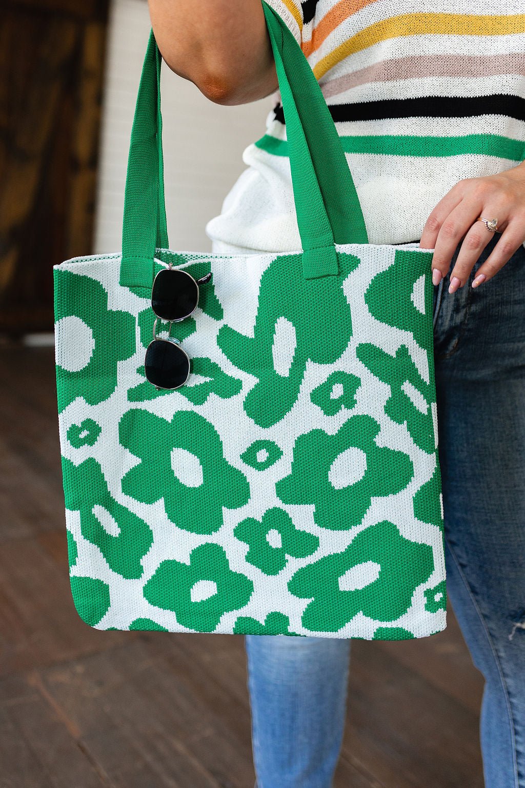 Lazy Daisy Knit Bag in Green (Online Exclusive) - Uptown Boutique Ramona