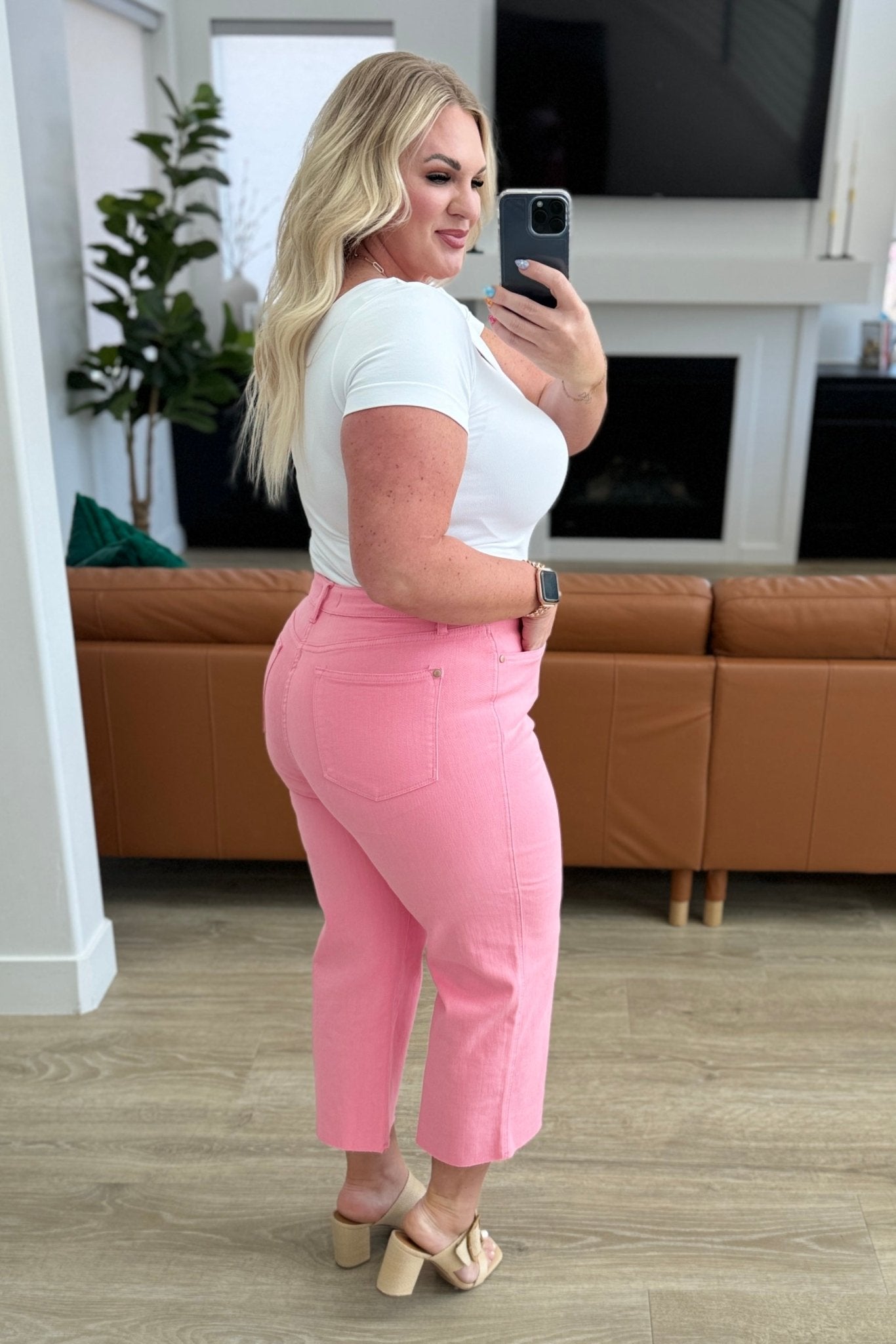 Lisa High Rise Control Top Wide Leg Crop Jeans in Pink (Online Exclusive) - Uptown Boutique Ramona