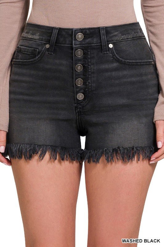 LIVE AGAIN BLACK DISTRESSED DENIM SHORTS - Uptown Boutique Ramona