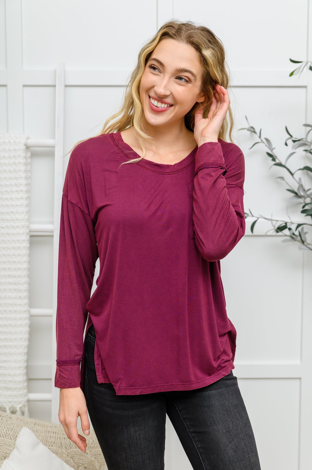 Long Sleeve Knit Top With Pocket In Burgundy (Online Exclusive) - Uptown Boutique Ramona