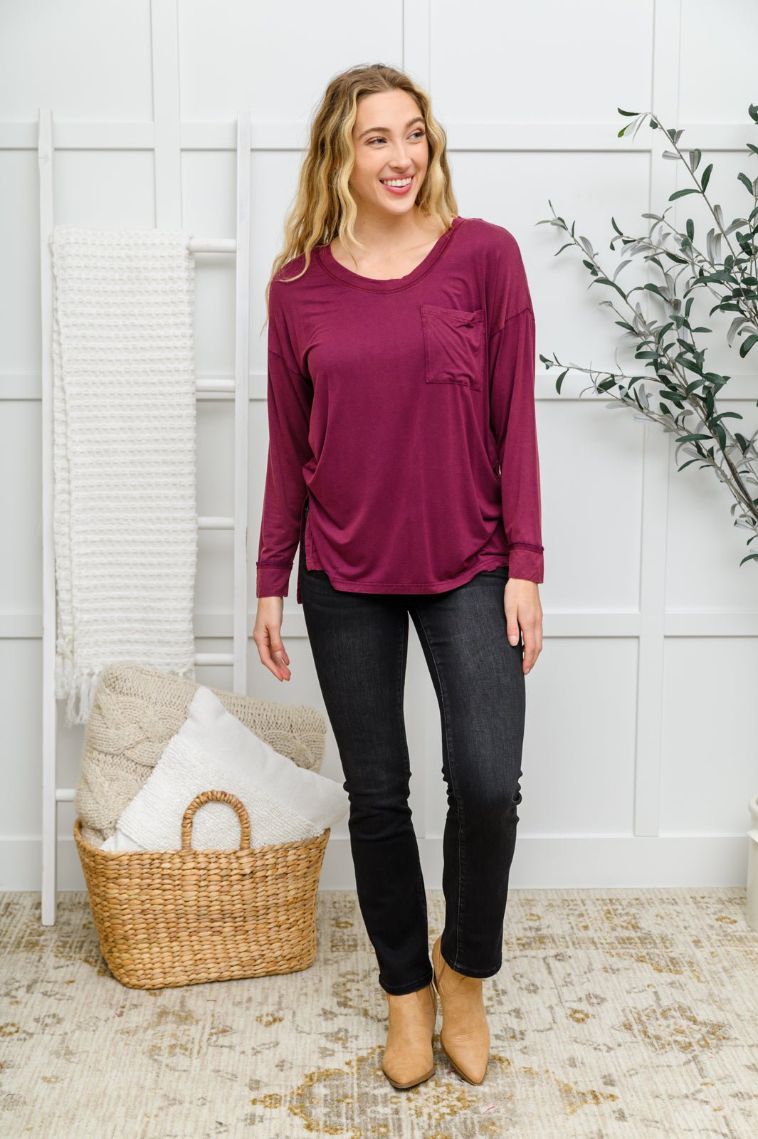 Long Sleeve Knit Top With Pocket In Burgundy (Online Exclusive) - Uptown Boutique Ramona