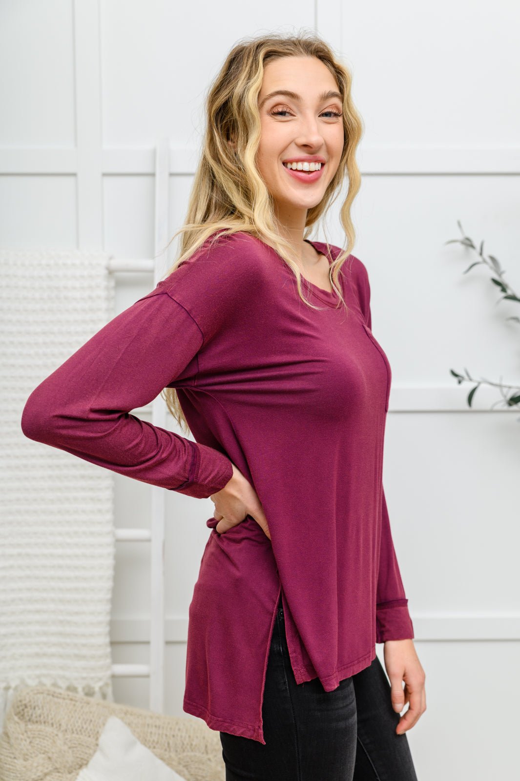 Long Sleeve Knit Top With Pocket In Burgundy (Online Exclusive) - Uptown Boutique Ramona