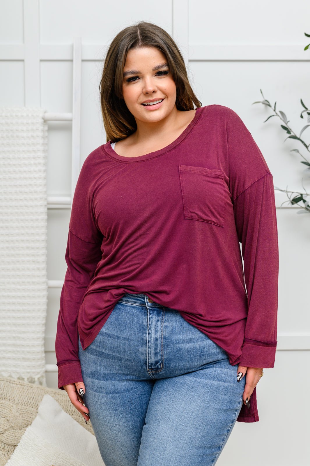 Long Sleeve Knit Top With Pocket In Burgundy (Online Exclusive) - Uptown Boutique Ramona
