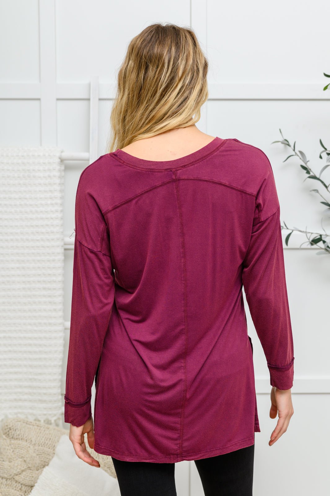 Long Sleeve Knit Top With Pocket In Burgundy (Online Exclusive) - Uptown Boutique Ramona