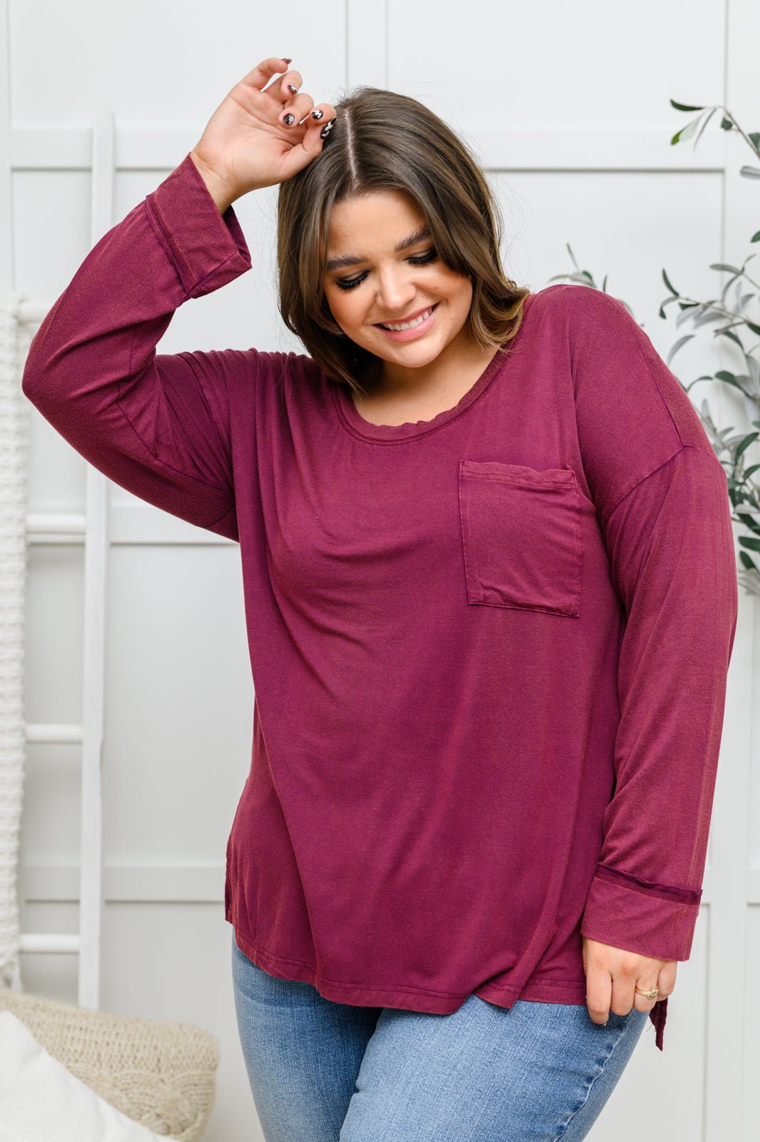 Long Sleeve Knit Top With Pocket In Burgundy (Online Exclusive) - Uptown Boutique Ramona